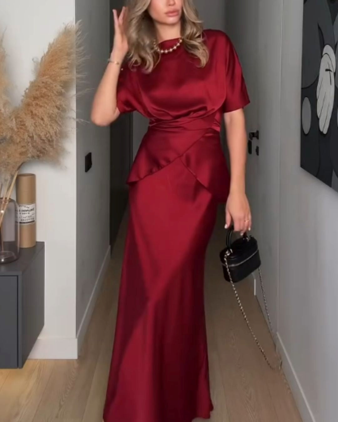 Elegant Satin Ruched High-Waist Maxi Dress