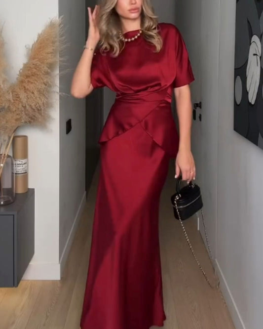 Elegant Satin Ruched High-Waist Maxi Dress