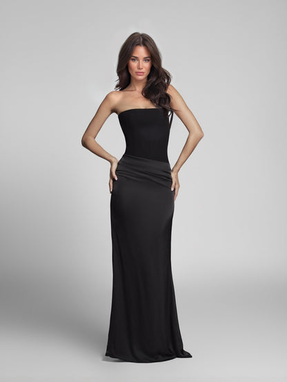 Elegant Strapless Draped Satin Maxi Dress