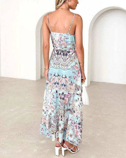 V-neck sexy printed suspender dress