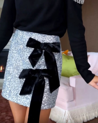 Silver Sequin Black Velvet Double Bow Detail Skirt