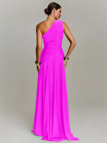 Elegant Draped One Shoulder Cocktail Maxi Dress