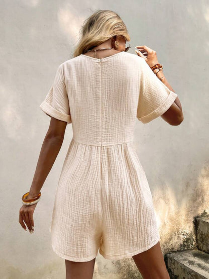 Fashion Solid Color V-neck Loose Bat Sleeve Zipper Short Sleeve Jumpsuit