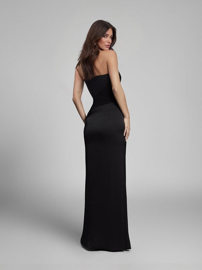 Elegant Strapless Draped Satin Maxi Dress