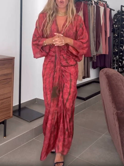 Bohemian Kimono-Inspired Tie-Dye Print Waist-Tie Maxi Dress