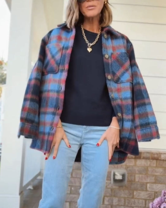 Blue & Red Colorblock Oversized Large Pockets Jacket