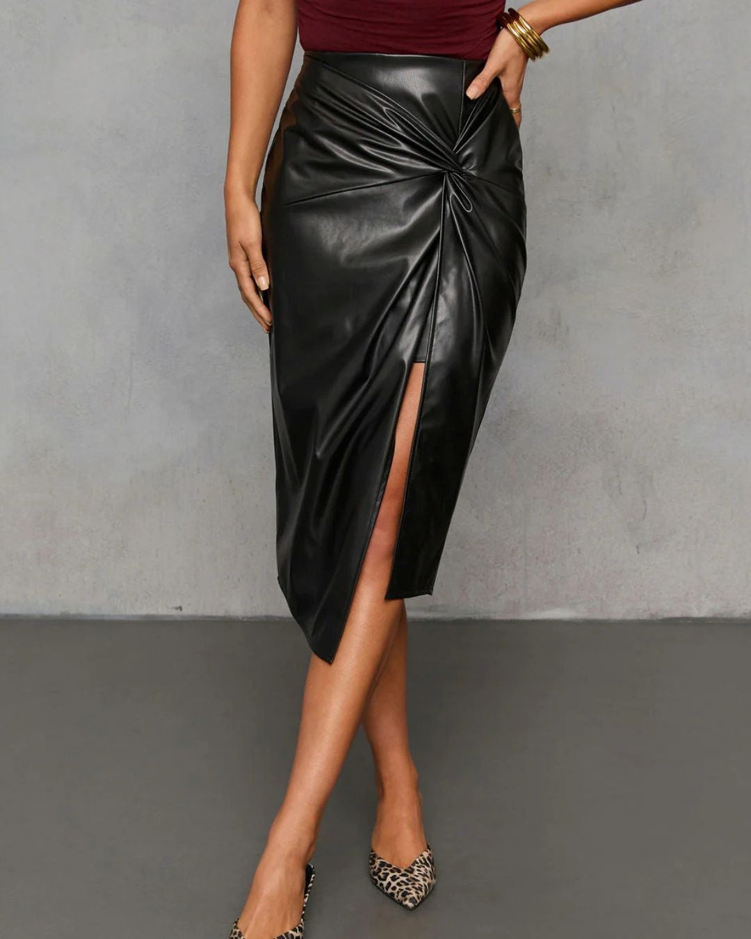 Black Faux Leather Twisted Knot Midi Skirt
