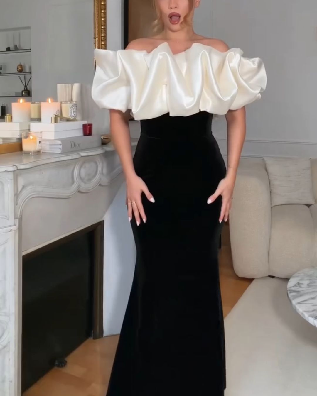 Contrast Color Block Voluminous Ruffle Velvet Gown