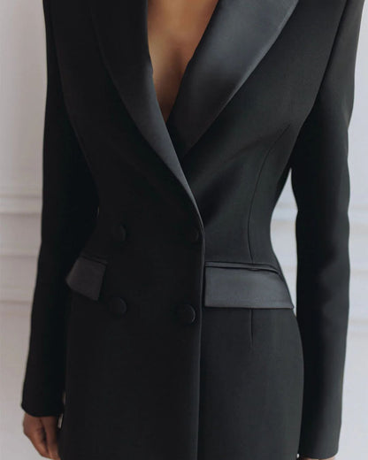 Black Double-Breasted Blazer Collar Mini Dress
