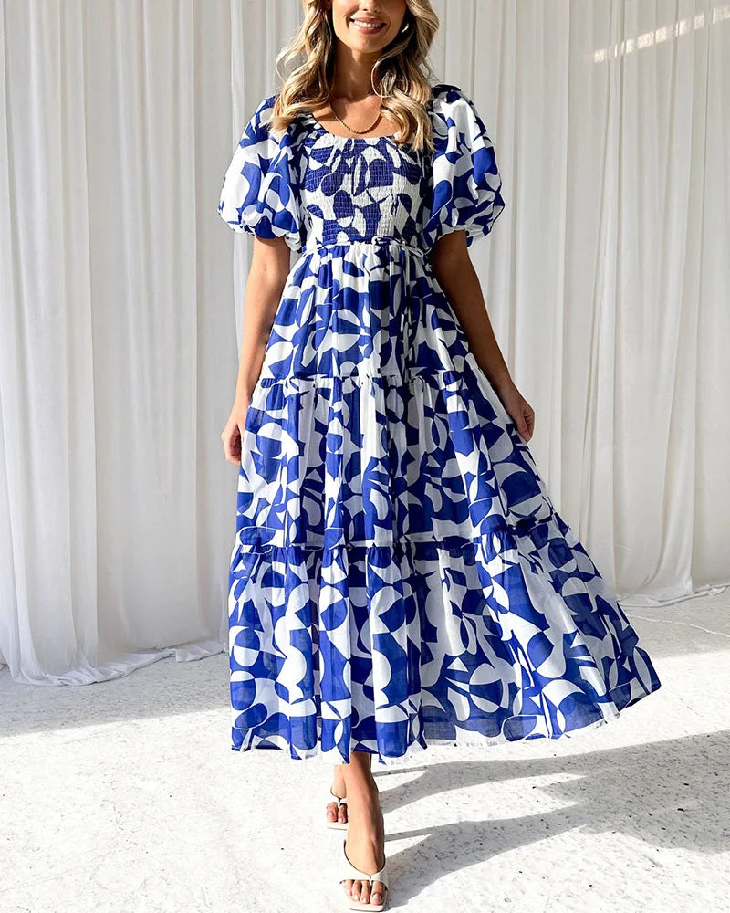 Elegant printed one-shoulder puff-sleeve dress