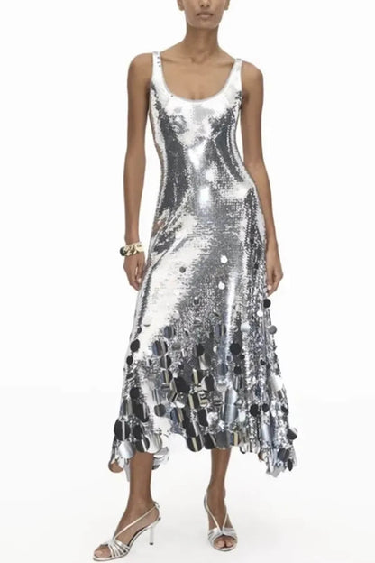 Exquisite Party Tips Sequin Irregular Round Tassels Hem Back Cutout Tank Maxi Dress