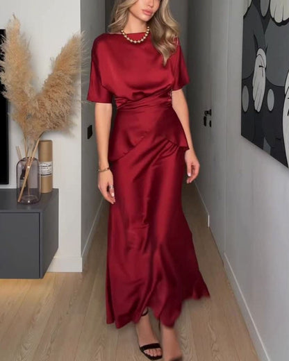 Elegant Satin Ruched High-Waist Maxi Dress