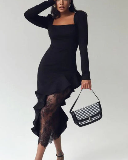 Elegant Square Neck Long Sleeve Ruffle Lace Mini Dress