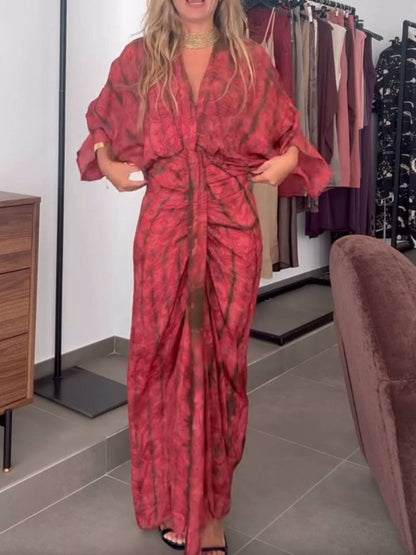 Bohemian Kimono-Inspired Tie-Dye Print Waist-Tie Maxi Dress