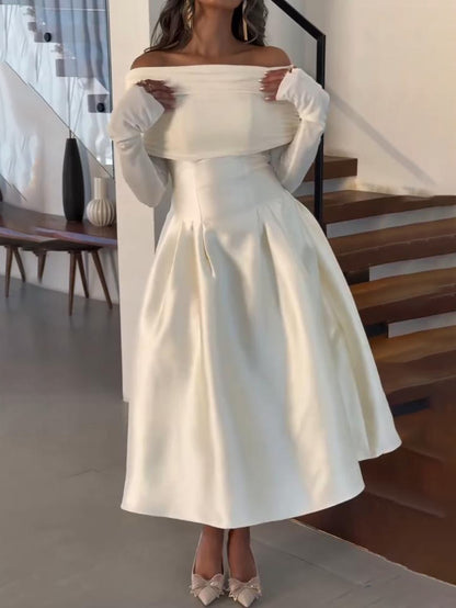 Elegant Off-Shoulder Satin Midi Dress