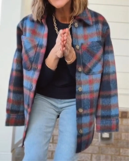 Blue & Red Colorblock Oversized Large Pockets Jacket