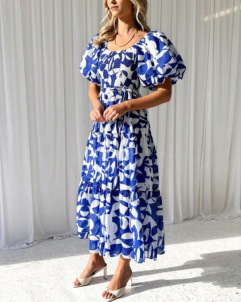 Elegant printed one-shoulder puff-sleeve dress