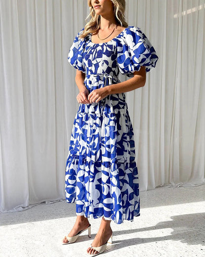 Elegant printed one-shoulder puff-sleeve dress