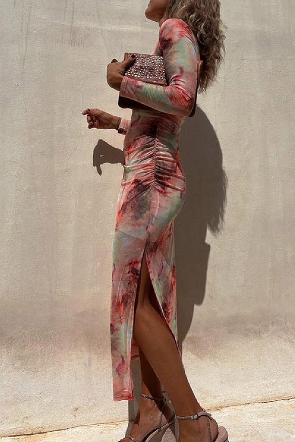 Mesh Overlay Tie Dye Print Long Sleeve Ruched Stretch Midi Dress