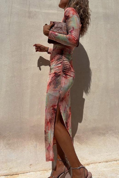 Mesh Overlay Tie Dye Print Long Sleeve Ruched Stretch Midi Dress