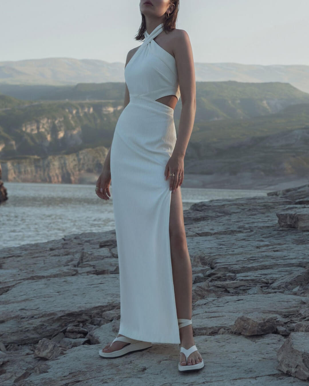 White Hanging Neck Dress