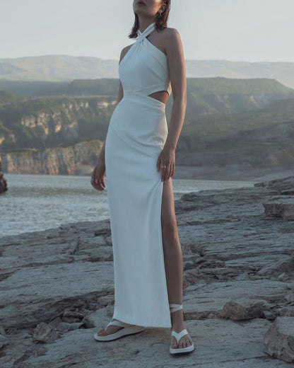 White Hanging Neck Dress