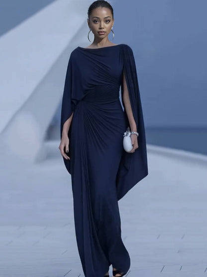 Boat Neck Pleated Slim Fit Maxi Dress