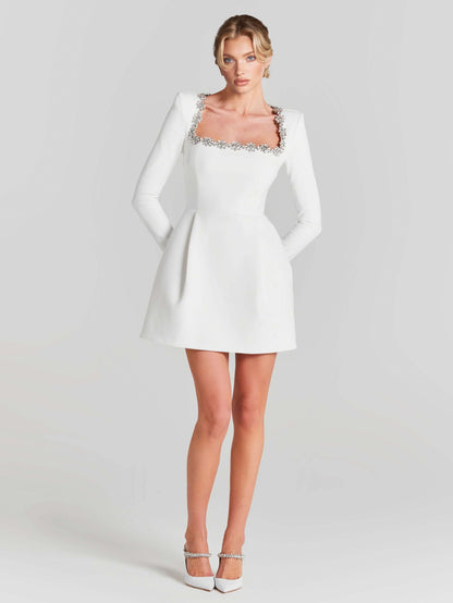 Elegant Square Neck Crystal Embellished Mini Dress