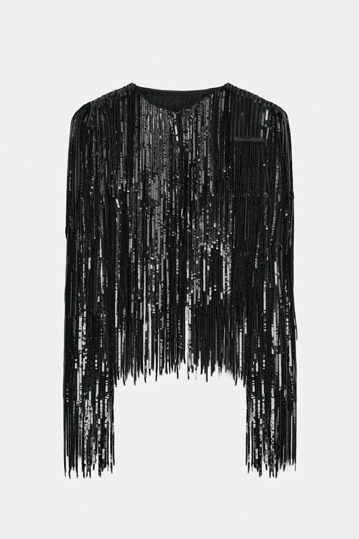 Exquisite Sequin Fringe Embellished Round-Neck Long-Sleeve Jacket