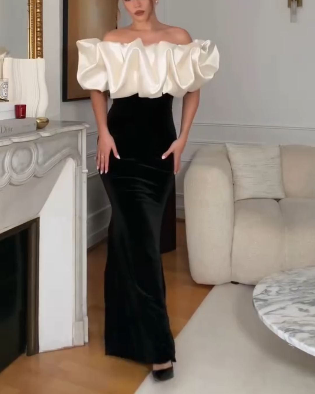 Contrast Color Block Voluminous Ruffle Velvet Gown