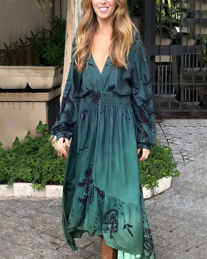 Bohemian resort V-neck printed dress