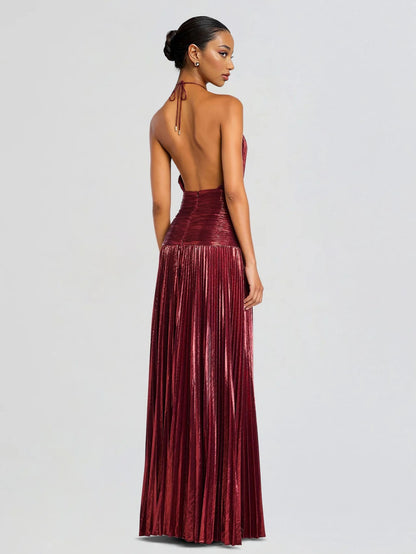 Elegant Metallic Pleated Halter Neck Maxi Dress