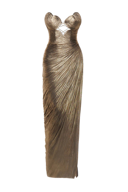 Amisha Metallic Pleated Shell Cups Hollow Gold Pendant Strapless Drape Slit Maxi Dress