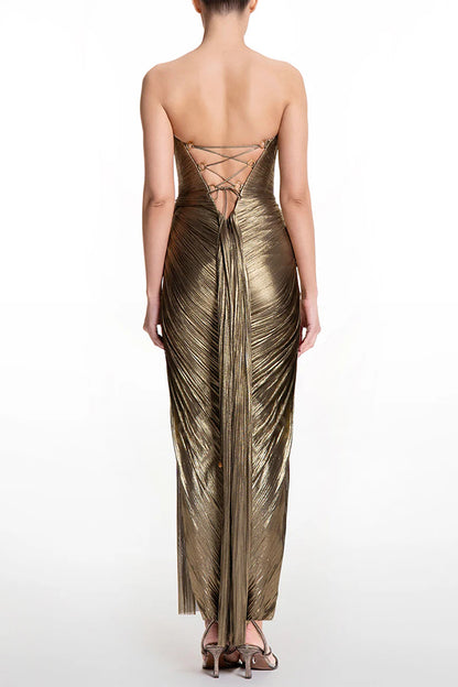 Amisha Metallic Pleated Shell Cups Hollow Gold Pendant Strapless Drape Slit Maxi Dress