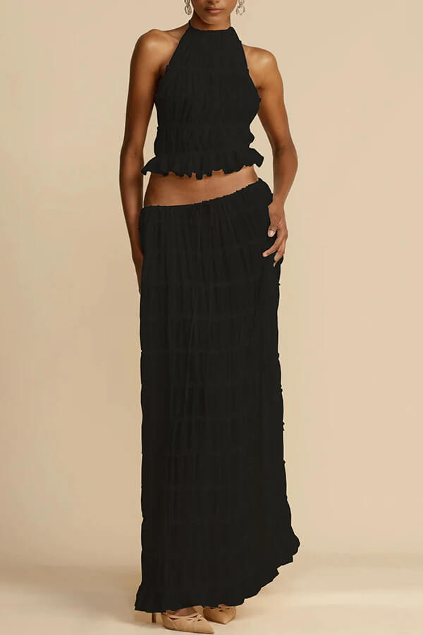 Charm Pleated Drawstring Waist Tiered Maxi Skirt set