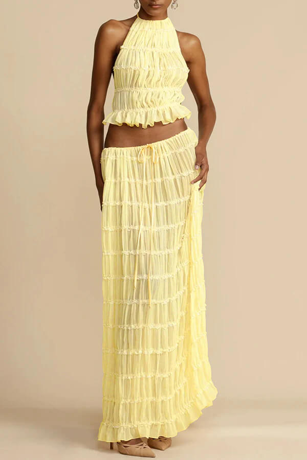 Charm Pleated Drawstring Waist Tiered Maxi Skirt set