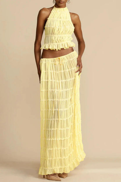 Charm Pleated Drawstring Waist Tiered Maxi Skirt set