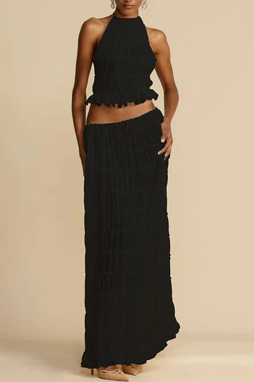 Charm Pleated Drawstring Waist Tiered Maxi Skirt set