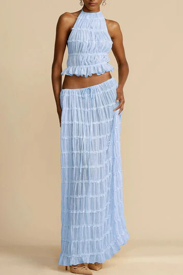 Charm Pleated Drawstring Waist Tiered Maxi Skirt set