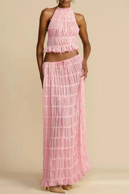 Charm Pleated Drawstring Waist Tiered Maxi Skirt set