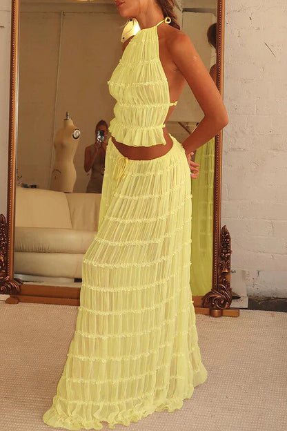 Charm Pleated Drawstring Waist Tiered Maxi Skirt set