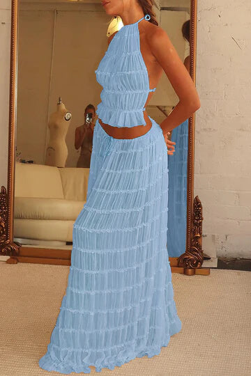 Charm Pleated Drawstring Waist Tiered Maxi Skirt set