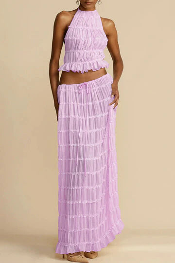 Charm Pleated Drawstring Waist Tiered Maxi Skirt set