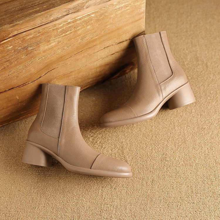 Soft sheepskin thick heel Chelsea boots women's boots 2025 autumn and winter new round head fashion splicing medium heel women's short boots