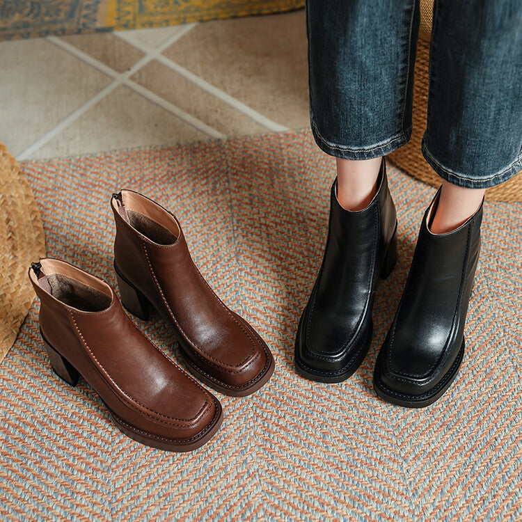 Textured cowhide thick-heeled short boots for women's autumn and winter new British style square head temperament high-heeled fashion boots, one piece is sent on behalf of others.