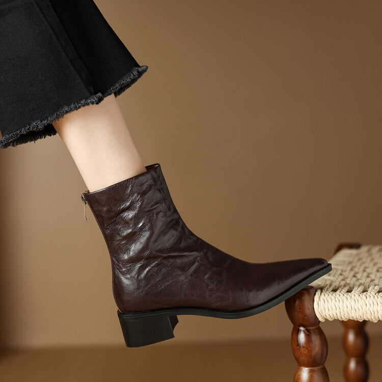 Fashion hand-grabbed sheepskin medium heel short boots women's boots 2025 autumn and winter new retro pointed rear zipper thick heel thin boots