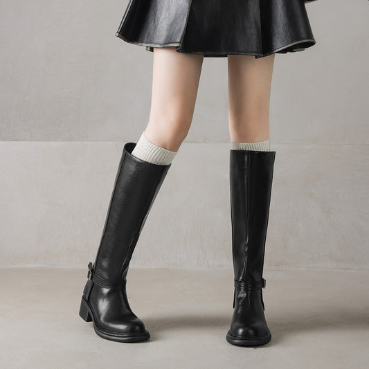 Temperament Versatile Belt Buckle Coarse Heel Tall Knight Boots Women's 2025 Autumn and Winter New Round Head Middle Heel Knee Boots