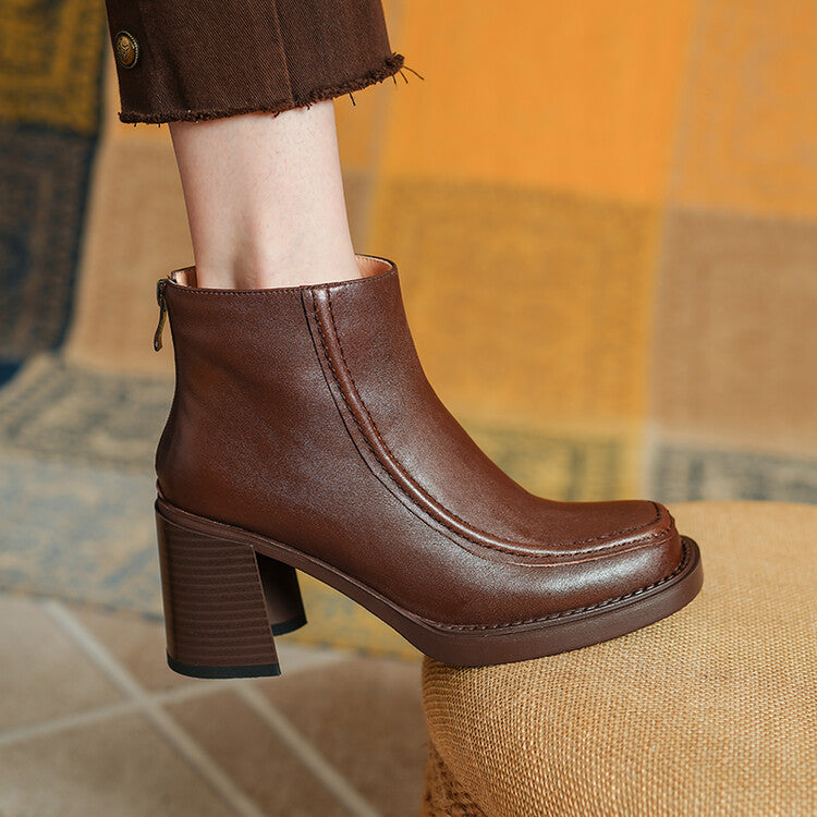 Textured cowhide thick-heeled short boots for women's autumn and winter new British style square head temperament high-heeled fashion boots, one piece is sent on behalf of others.