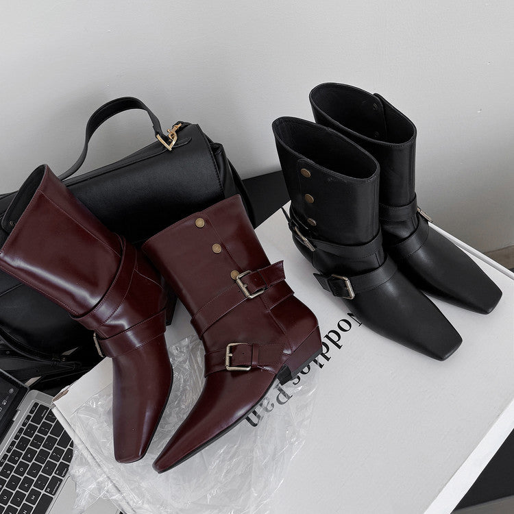 Fashion belt buckle knight boots low heel medium boots women's boots 2025 autumn and winter new square head thick heel fashion boots women