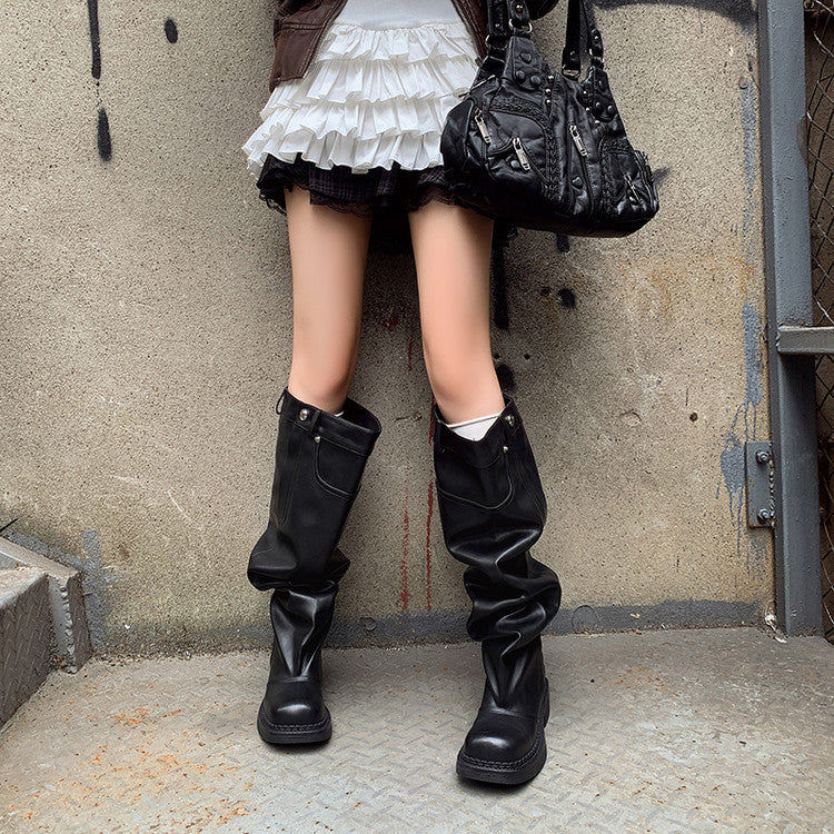 European and American style versatile trendy cool heel pile boots women's boots 2025 autumn and winter new fashion one-pedal thick heel boots